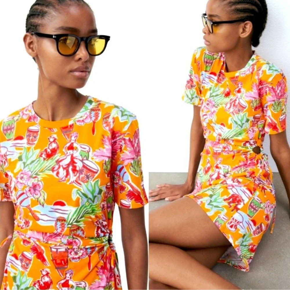ZARA Orange Tropical Print Side Cutout Mini Dress